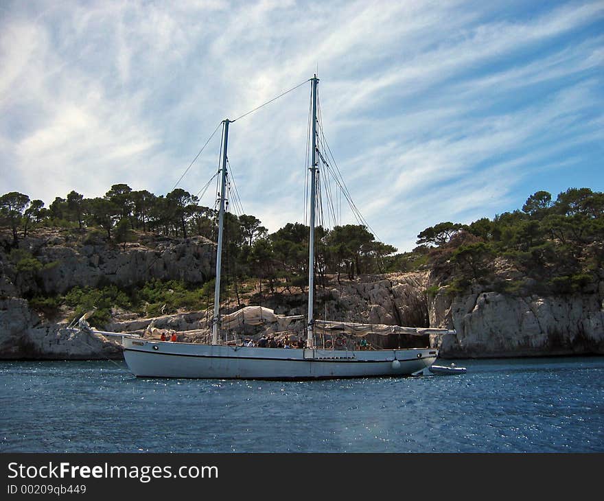 Sailing yacht anchored in bay