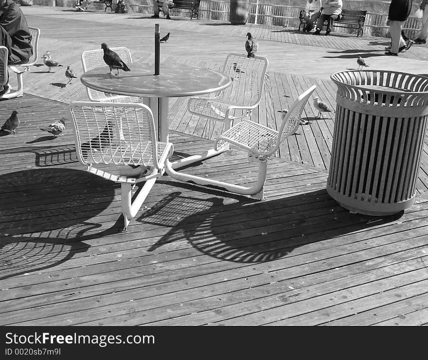 Pidgeons for Lunch. metal table on boardwalk in the summertime.