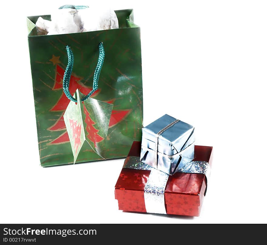 Isolated gift bag and presents. Isolated gift bag and presents