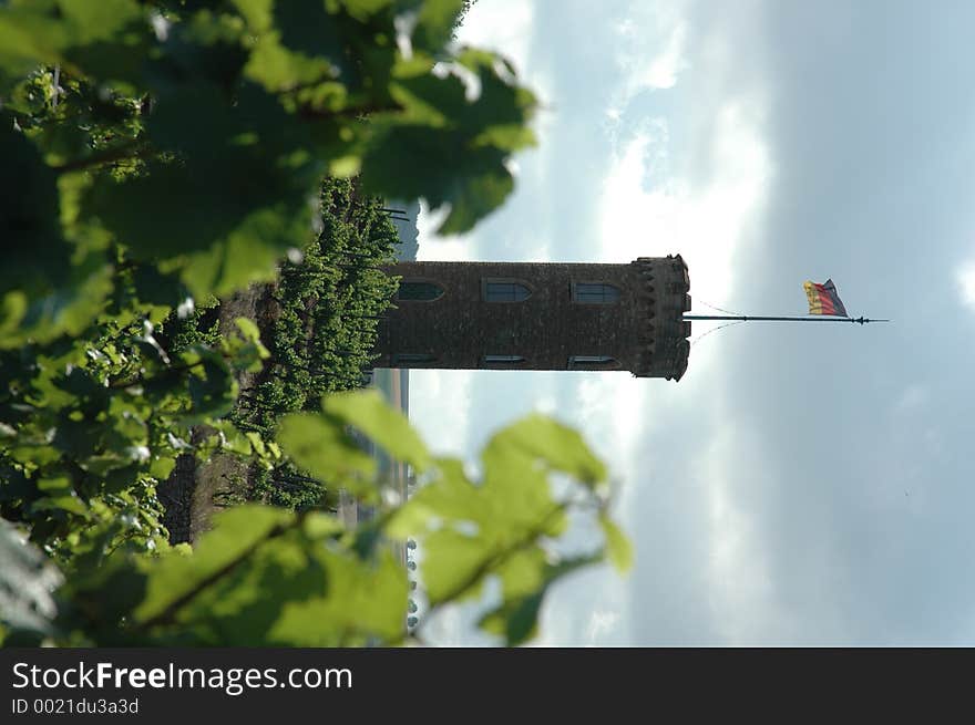 Stone tower and vinyards in Weinheim, Germany.