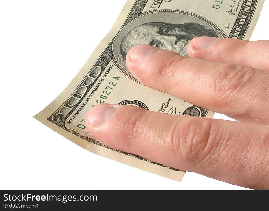 Hand holding one hundred dollars, pure white background