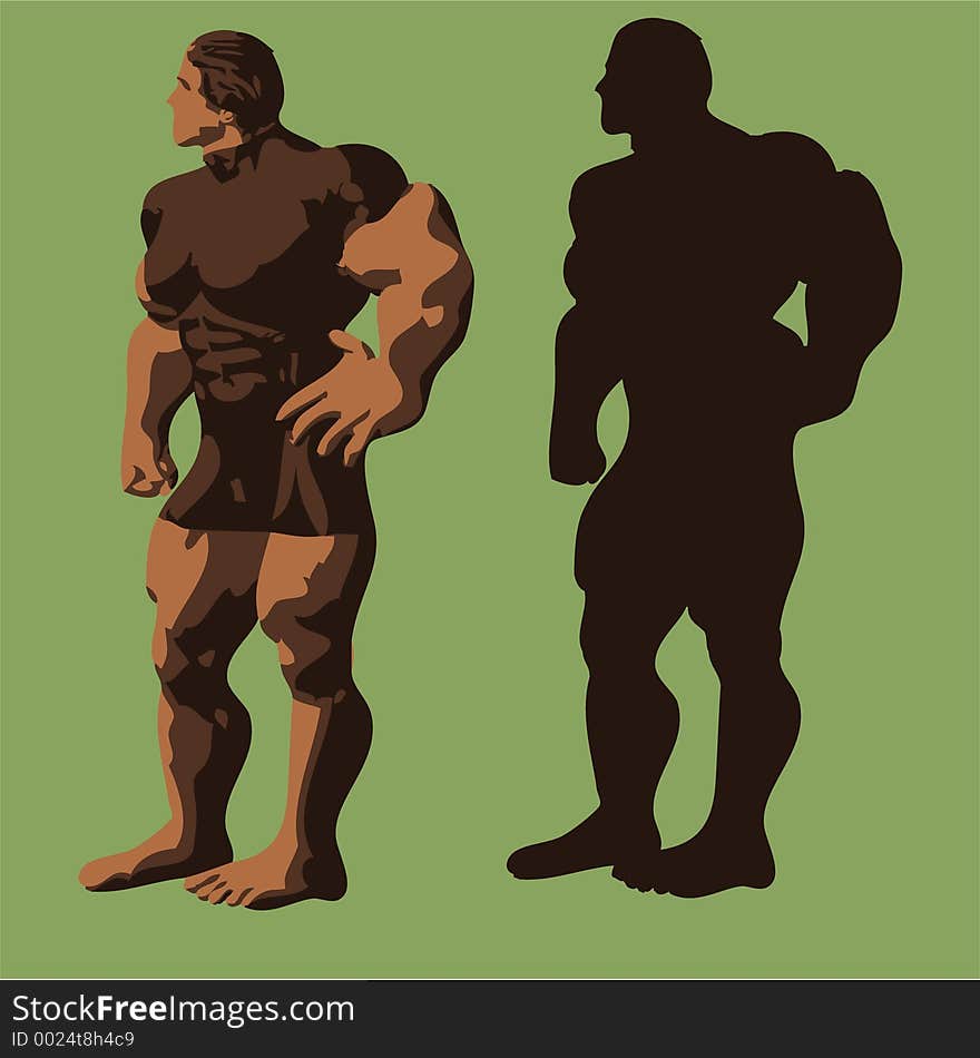 Illustration of a muscular man and his silhouette. Illustration of a muscular man and his silhouette