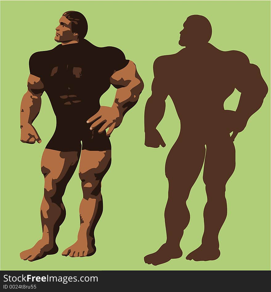 Illustration of a muscular man and his silhouette. Illustration of a muscular man and his silhouette