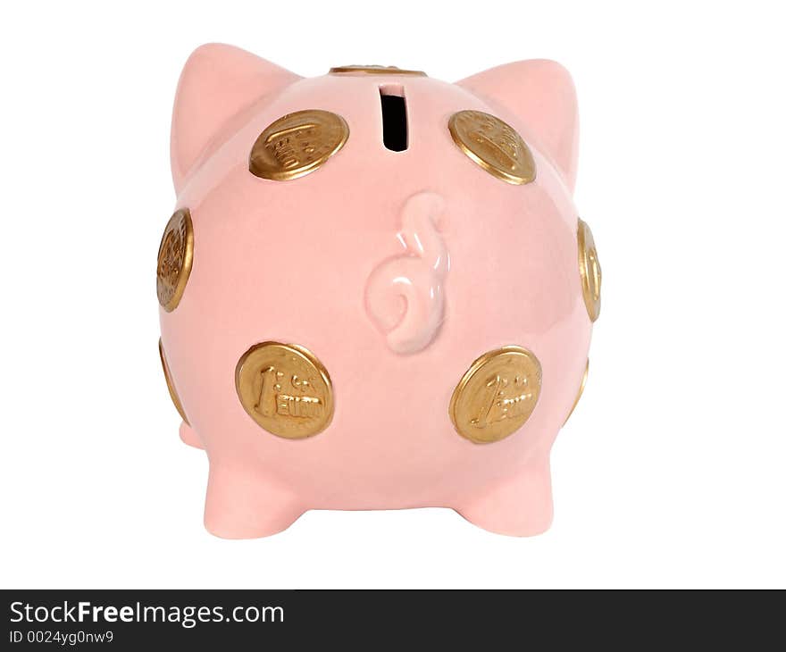 Pink ceramic piggy bank with Euro symbols (isolated on white), backside