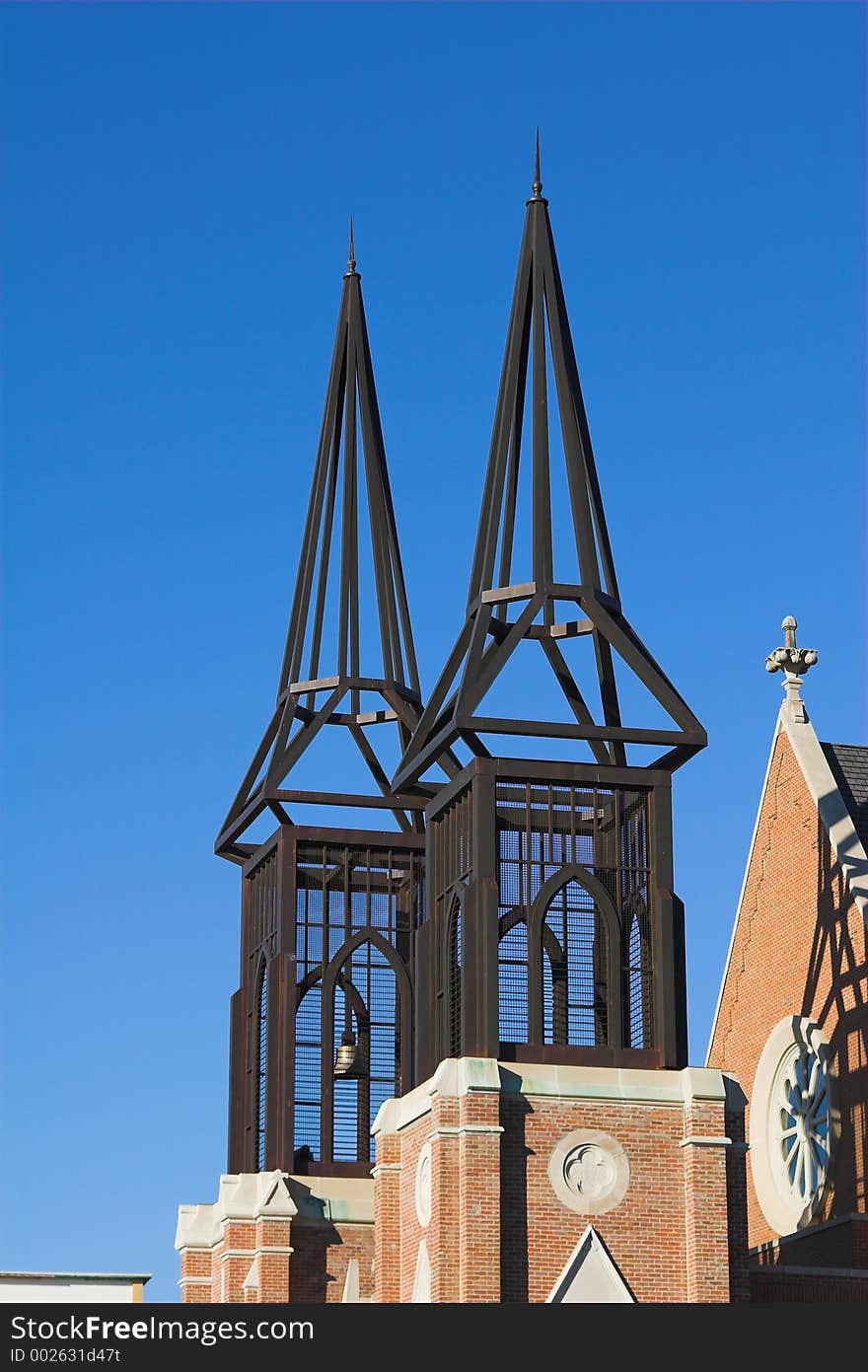 Twin steeples on local church in city