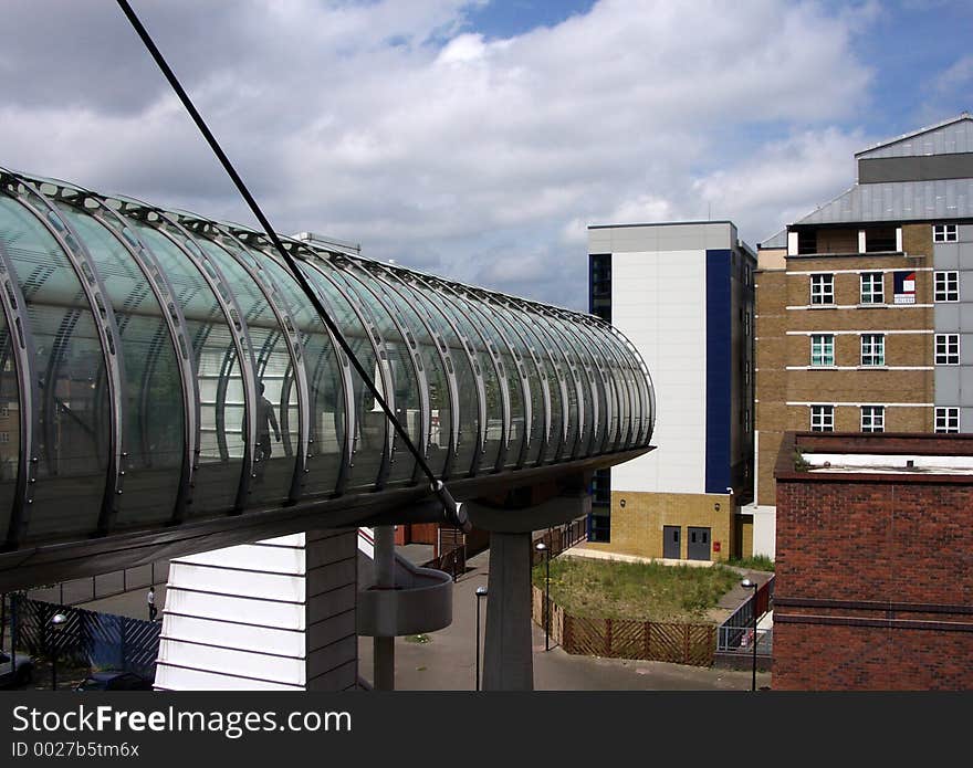 This is the outside of a tubular bridge in London's Docklands. This is the outside of a tubular bridge in London's Docklands.