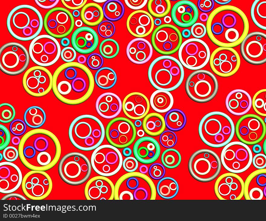 3D - colorful rings pattern on red. 3D - colorful rings pattern on red