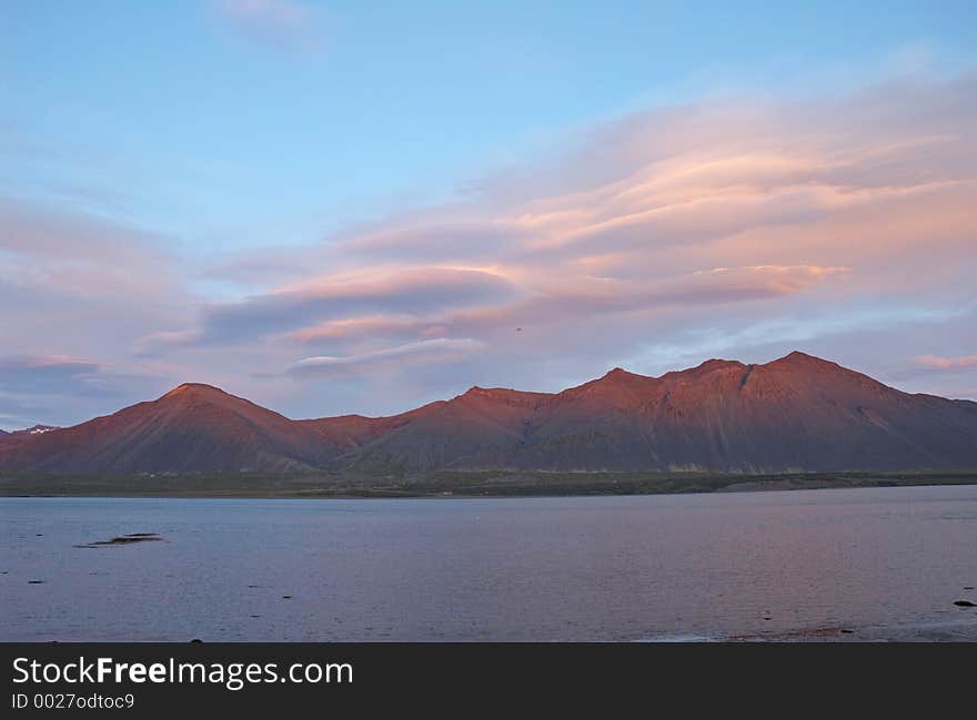 Sunset on the momuntains from Borgarnes, Borgarfjordur, Iceland