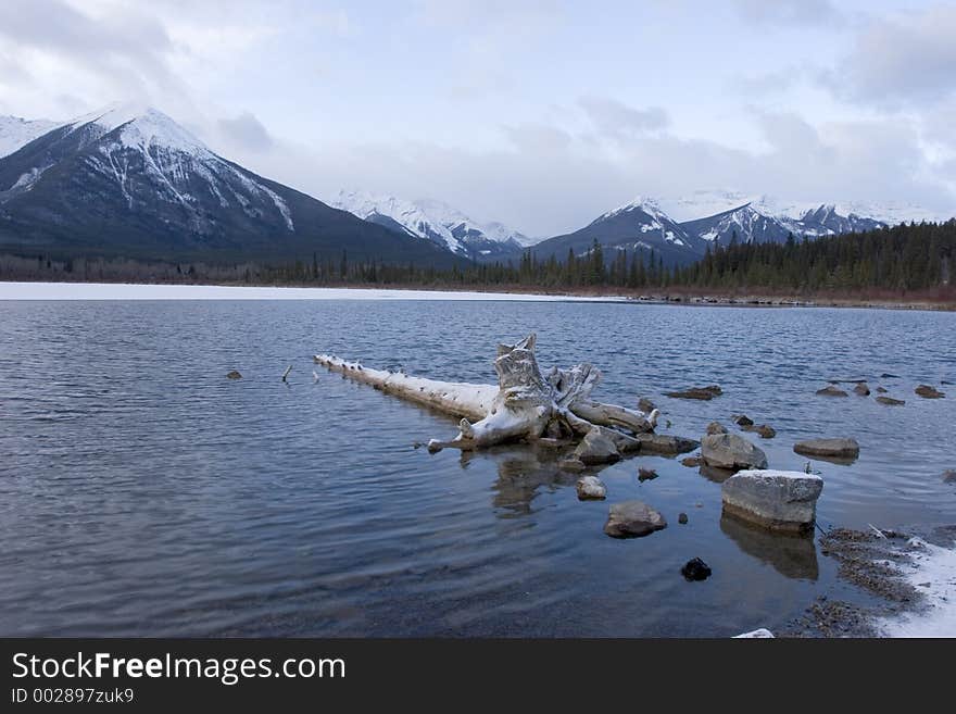 A mountain lake in winter. A mountain lake in winter