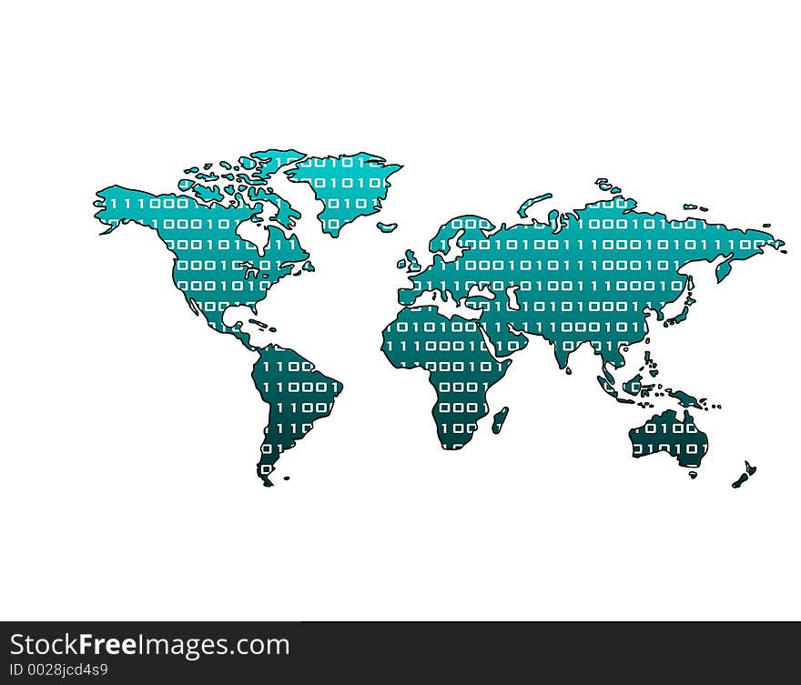 Blue mettalic world map with binary pattern. Blue mettalic world map with binary pattern