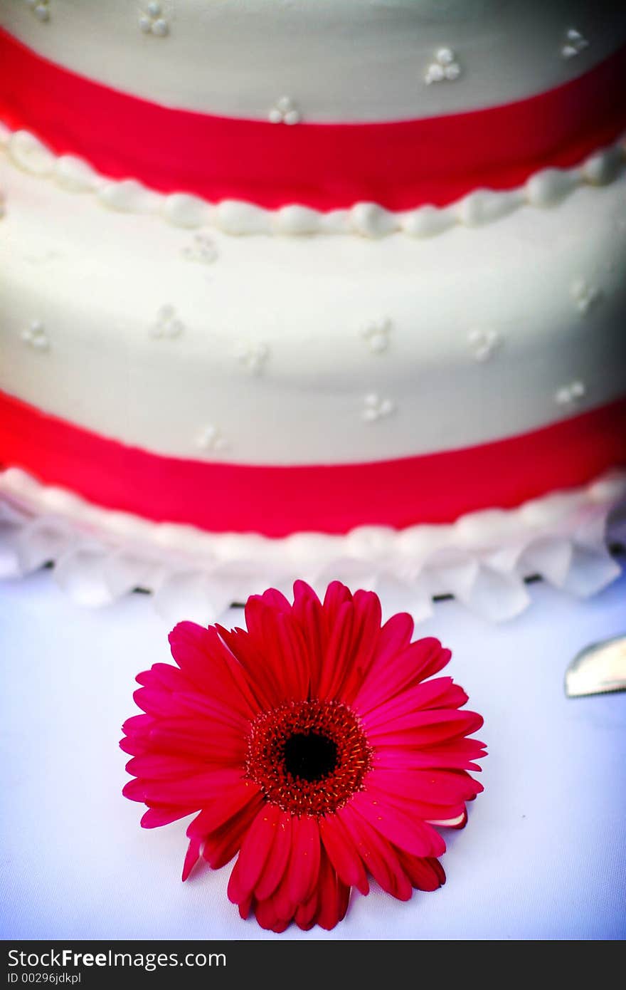 White wedding cake with pink trim