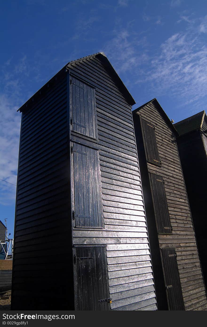 Unusual traditional fishermen's wooden storage huts at Hastings, England. Unusual traditional fishermen's wooden storage huts at Hastings, England