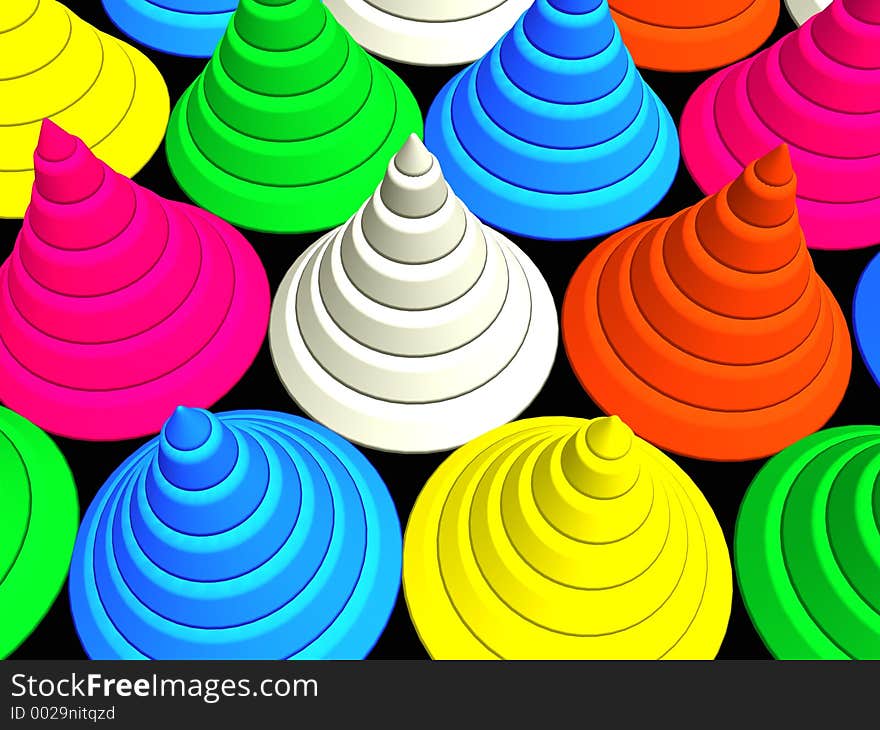 3D - Colorful stage cones on black. 3D - Colorful stage cones on black