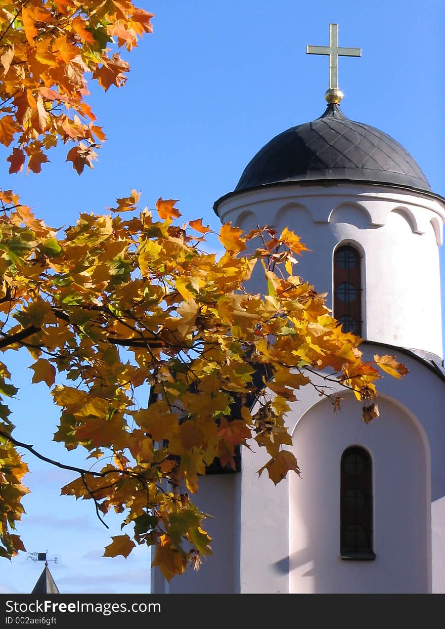 Maple leafs on a background of church. Maple leafs on a background of church