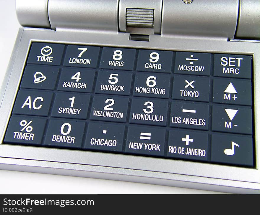 Close up of calaulator keypad with world major city name. Close up of calaulator keypad with world major city name