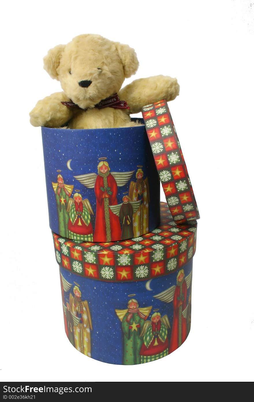 Teddy bear comes out of a seasonal gift box. Teddy bear comes out of a seasonal gift box