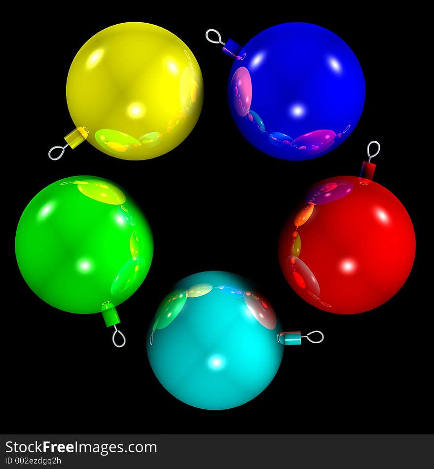 Computerized illustration of five multicolor Christmas balls, that are reflected to each other and with a shining star in the center. With Channel Alpha. Computerized illustration of five multicolor Christmas balls, that are reflected to each other and with a shining star in the center. With Channel Alpha.