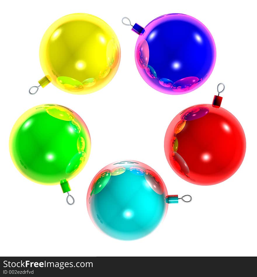 Computerized illustration of five multicolor Christmas balls, that are reflected to each other and with a shining star in the center. With Channel Alpha. Computerized illustration of five multicolor Christmas balls, that are reflected to each other and with a shining star in the center. With Channel Alpha.