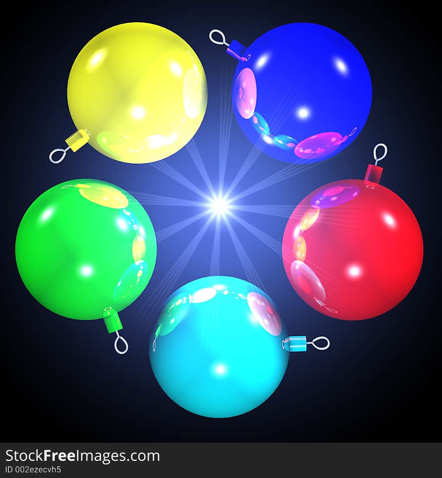 Computerized illustration of five multicolor Christmas balls, that are reflected to each other and with a shining star in the center. With Channel Alpha. Computerized illustration of five multicolor Christmas balls, that are reflected to each other and with a shining star in the center. With Channel Alpha.