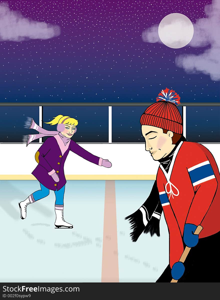 This illustration depicts two young people skating under the full moon & stars. This illustration depicts two young people skating under the full moon & stars.