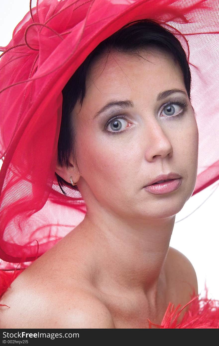 Portrait of a beautiful young woman wearing a red hat and feathered red boa over naked shoulders. Portrait of a beautiful young woman wearing a red hat and feathered red boa over naked shoulders