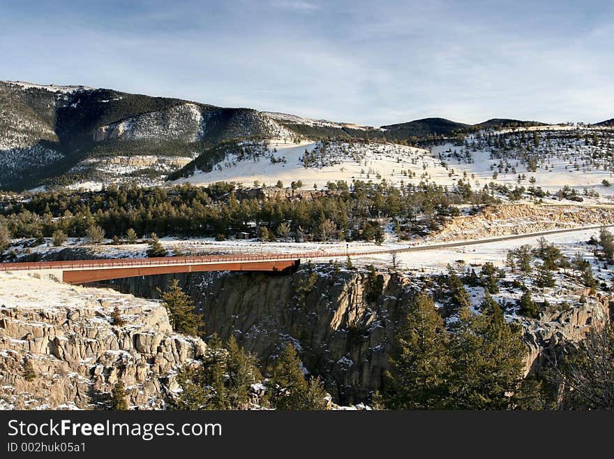 Bridge on the chief joseph scenic byway in northern wyoming. It spans a gorge with the yellowstone river and separates the beartooths from the absaroka mountain ranges. Bridge on the chief joseph scenic byway in northern wyoming. It spans a gorge with the yellowstone river and separates the beartooths from the absaroka mountain ranges.