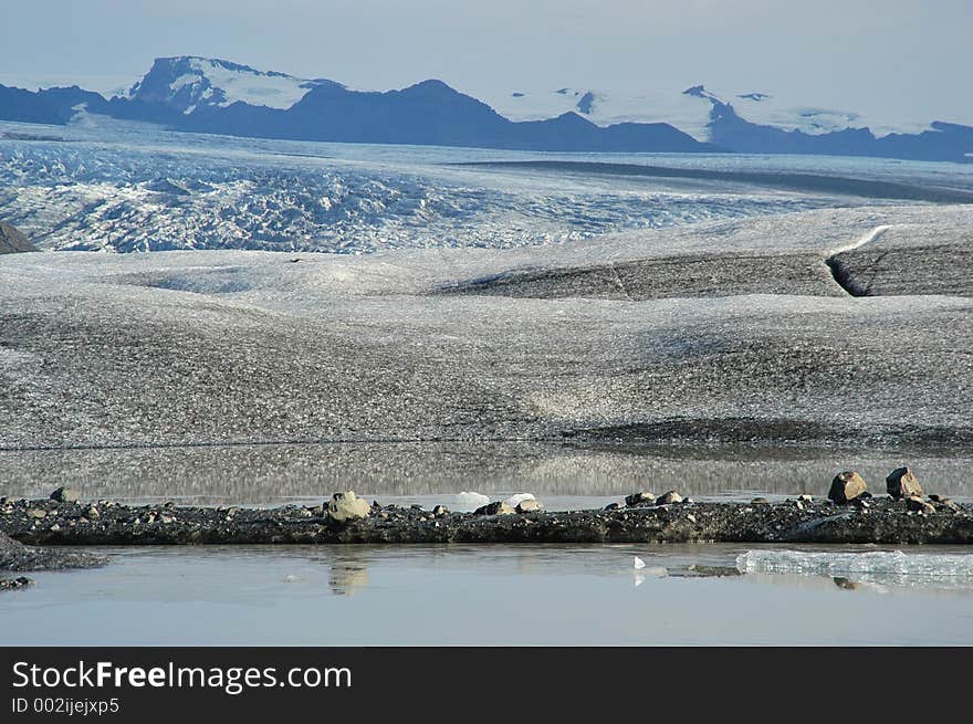 View of Snow Capped Mountains and Glacier flowing into lake