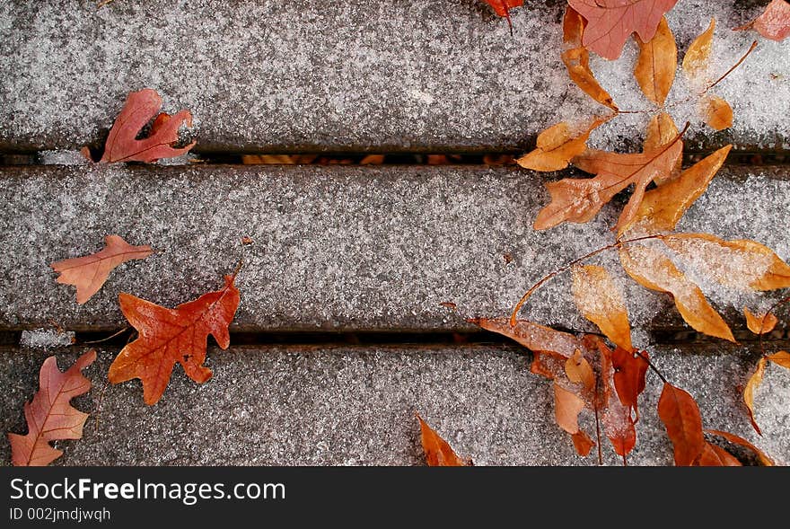 Snow and Leaves on Wood Deck. Snow and Leaves on Wood Deck