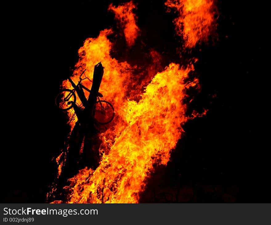 Bicycle burning in the fire. Bicycle burning in the fire