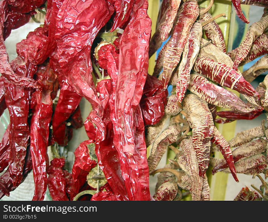 Dried red chili peppers. Dried red chili peppers