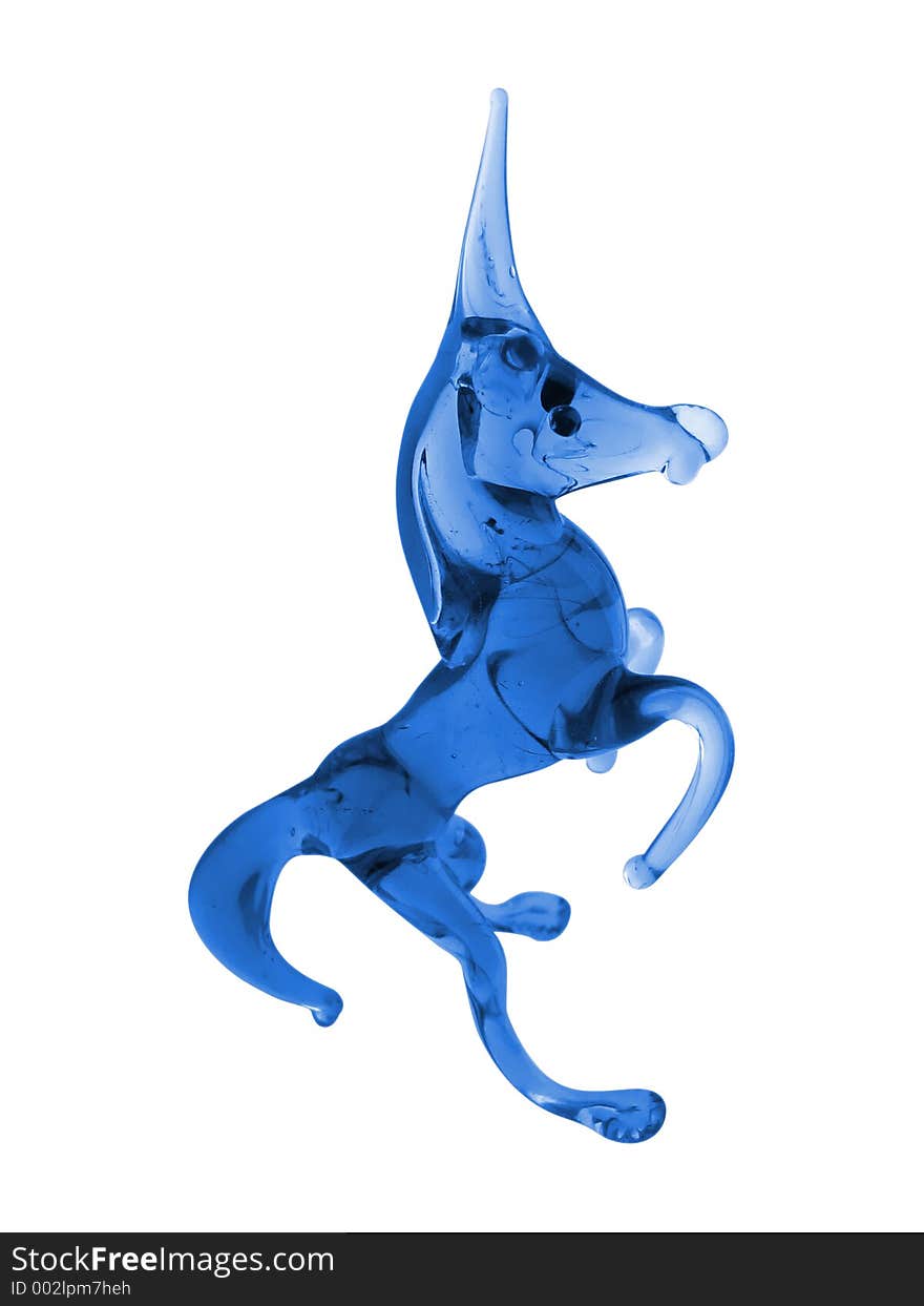 Blue glass unicorn isolated on white