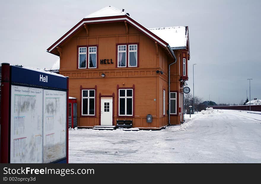 The trainstation in Hell, Norway. Refering to the frace when hell freezes over.