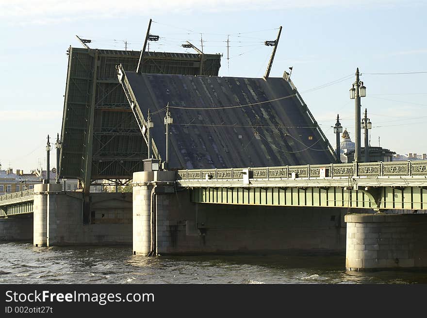 Raising the Schmidt's Bridge over Neva river in Saint Petersburg