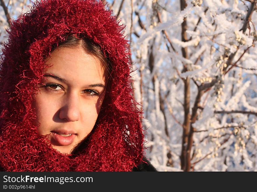 Beautiful ethnic girl in sparkly burgundy head scarf against muted winter background with space for copy.