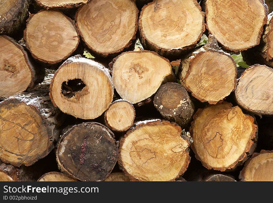 Pile of logs cut ready for use in a fire, some winter frost on the bark