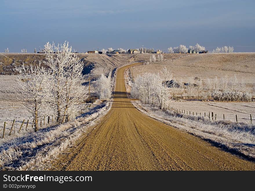 A gravel backroad extends through prairie land on a mid winter morning. A gravel backroad extends through prairie land on a mid winter morning.