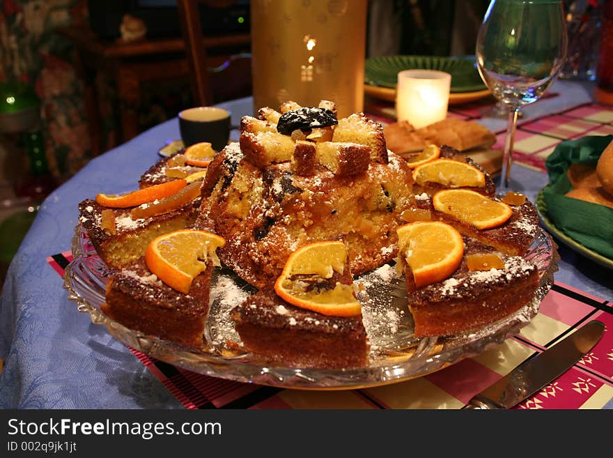 An orange cake on a table