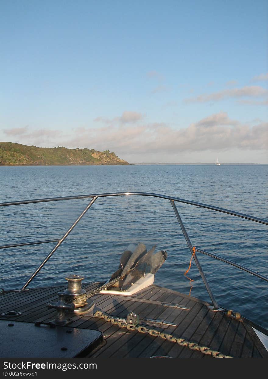 Bow of boat,heading out for fishing trip in Doubtless Bay,New Zealand. Bow of boat,heading out for fishing trip in Doubtless Bay,New Zealand