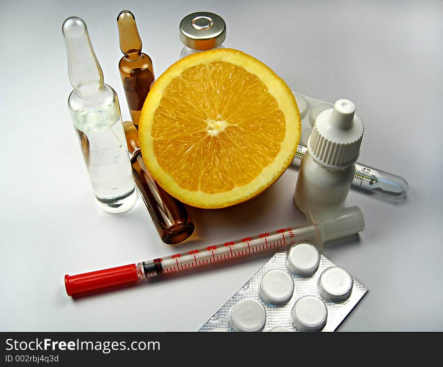 Orange Fruit Surrounded By Drugs, Pharmacy Pills