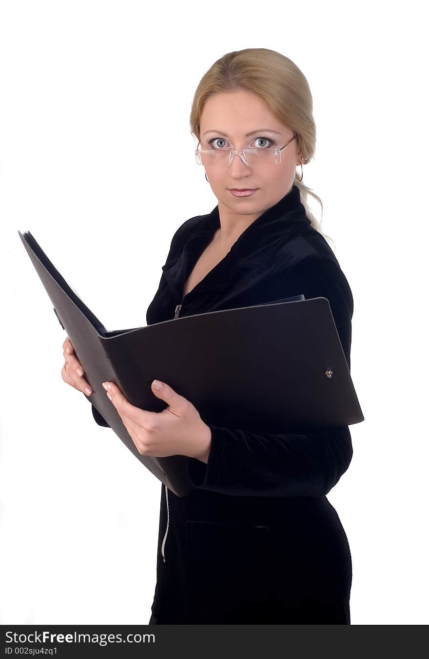 Business woman with a notepad wearing glasses