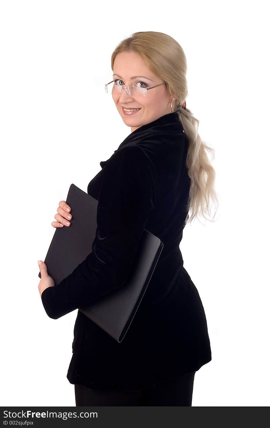 Business woman with a notepad wearing glasses