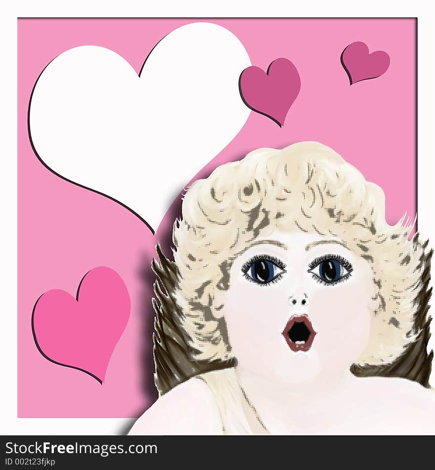 Pop art designed Cherub with pnik and white heart background and white frame with room for copy on hearts Look Here For Detail. Pop art designed Cherub with pnik and white heart background and white frame with room for copy on hearts Look Here For Detail