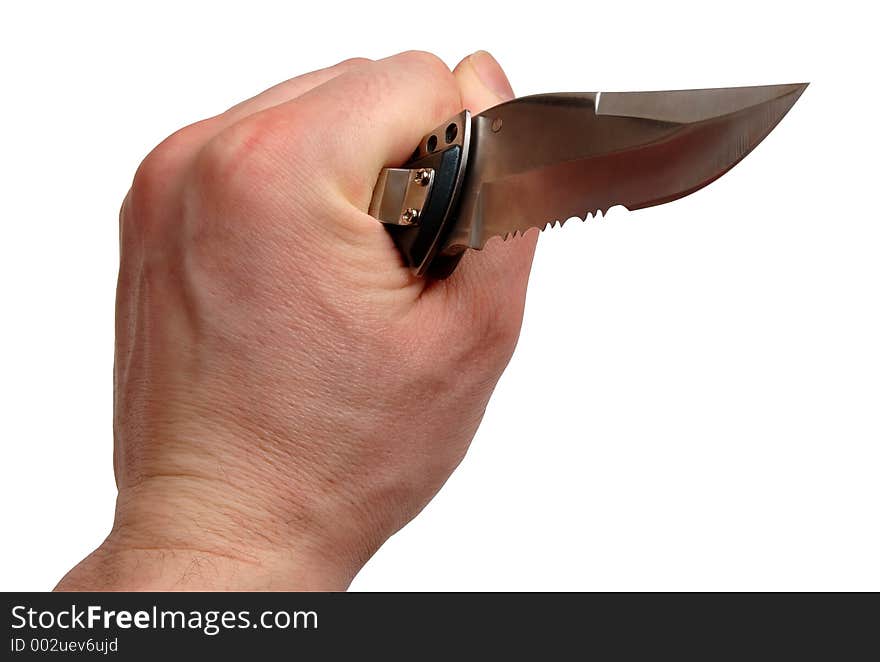 Hand holding a knife towards the camera in a threatening manner. Isolated on a white background with clipping path. Hand holding a knife towards the camera in a threatening manner. Isolated on a white background with clipping path.