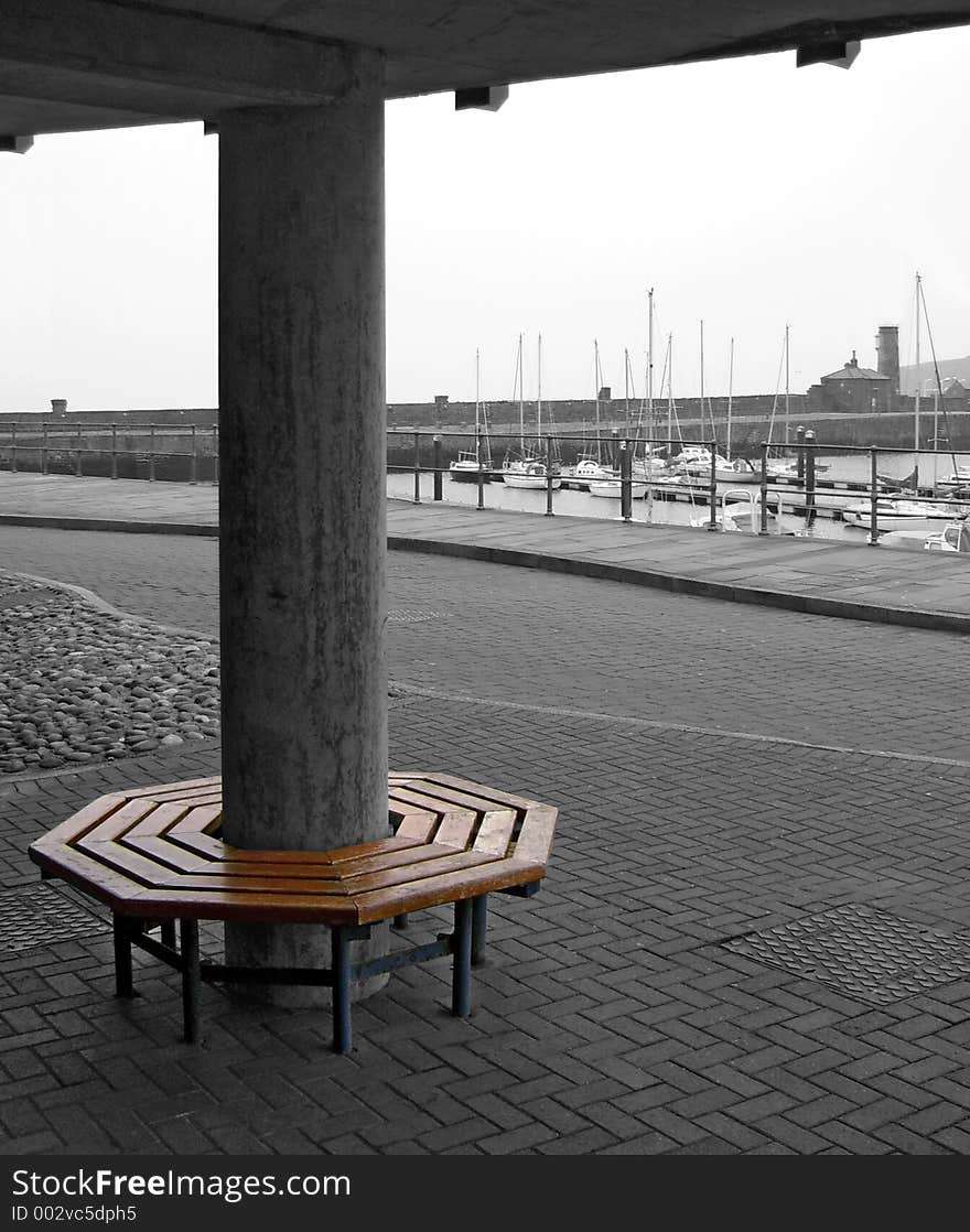 A circular bench at Whitehaven harbour, Cumbria, UK