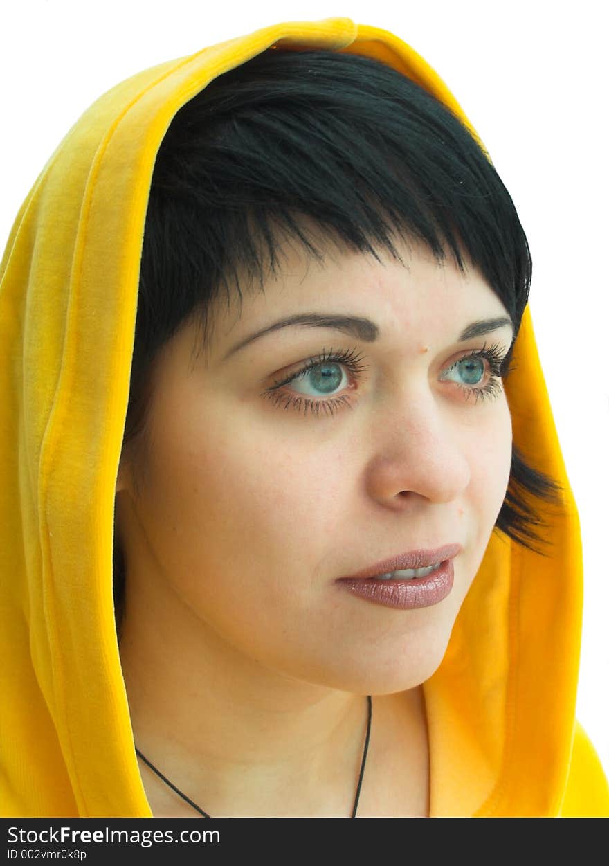 The brunette in a yellow hood