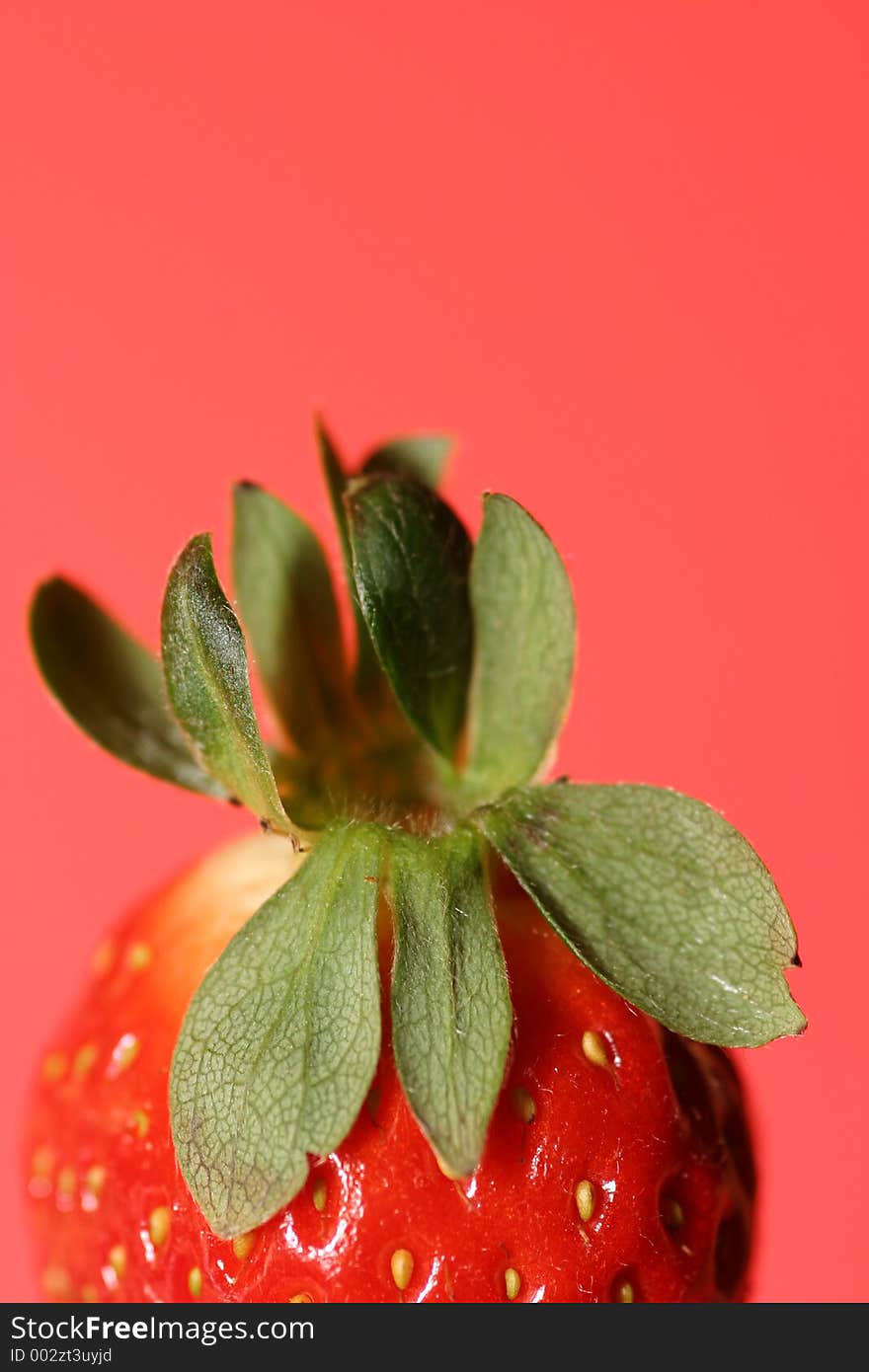 Half strawberry with red background