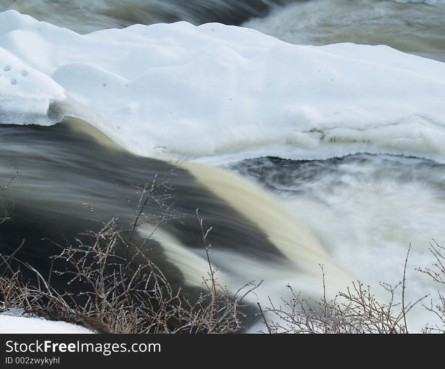 Water fall with frozen banks. Water fall with frozen banks.