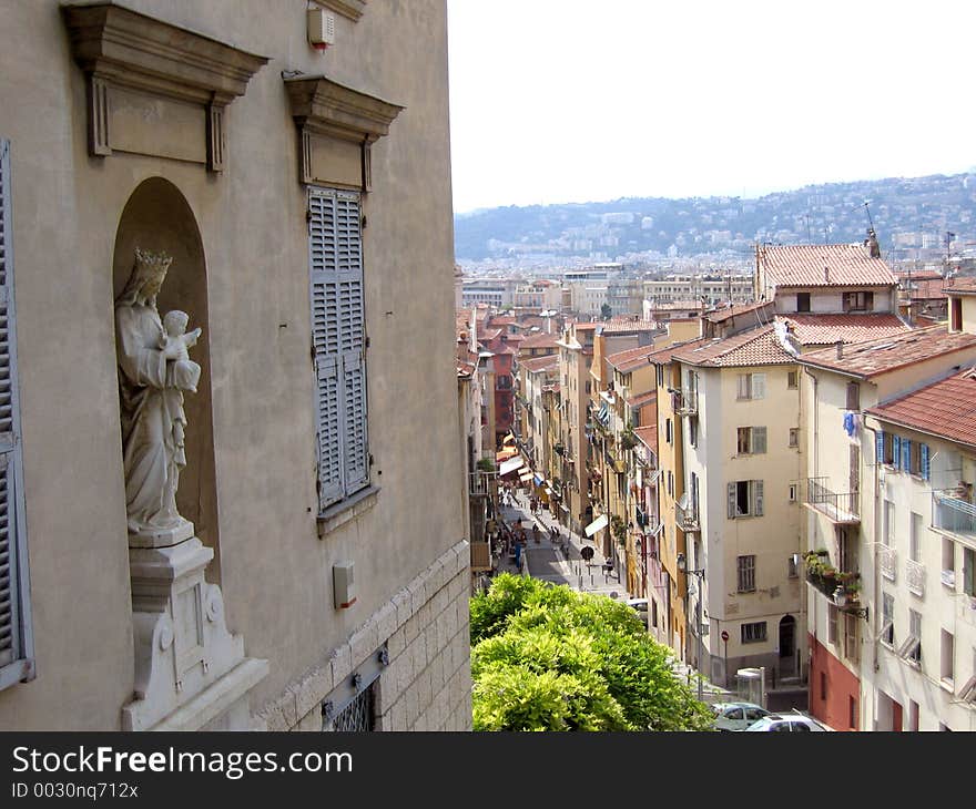 Statue of Mary and Baby Jesus looking over Nice, France. Statue of Mary and Baby Jesus looking over Nice, France.