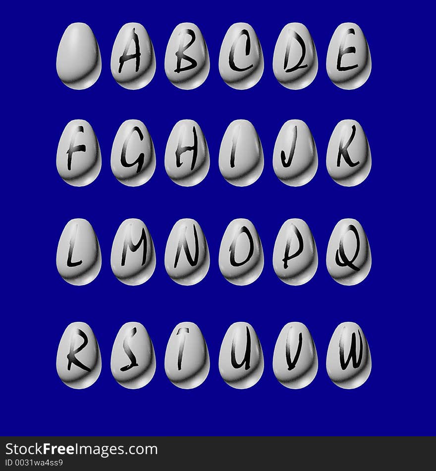 A set of 3-D eggs isolated on a blue background. Contains letters A-W. A set of 3-D eggs isolated on a blue background. Contains letters A-W.