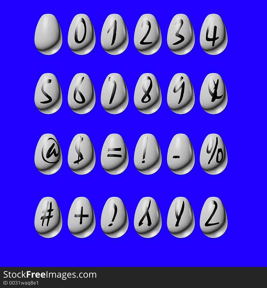 Symbols, numbers, and the letters xyz on 3d Easter Eggs, isolated on a blue backgound. Symbols, numbers, and the letters xyz on 3d Easter Eggs, isolated on a blue backgound.